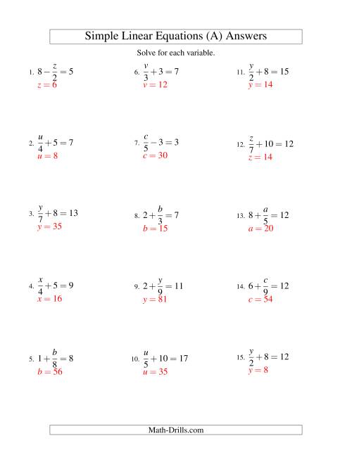 The Solving Linear Equations -- Form x/a ± b = c (A) Math Worksheet Page 2