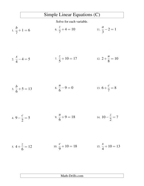 The Solving Linear Equations -- Form x/a ± b = c (C) Math Worksheet