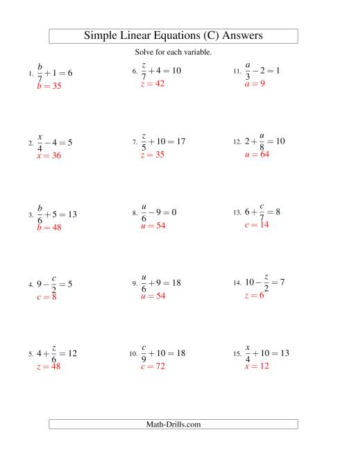 The Solving Linear Equations -- Form x/a ± b = c (C) Math Worksheet Page 2