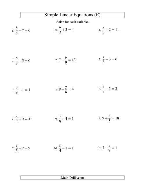 The Solving Linear Equations -- Form x/a ± b = c (E) Math Worksheet