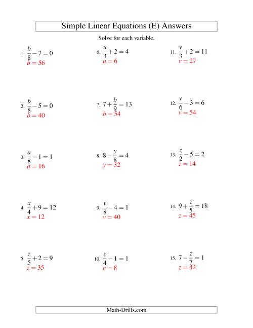 The Solving Linear Equations -- Form x/a ± b = c (E) Math Worksheet Page 2