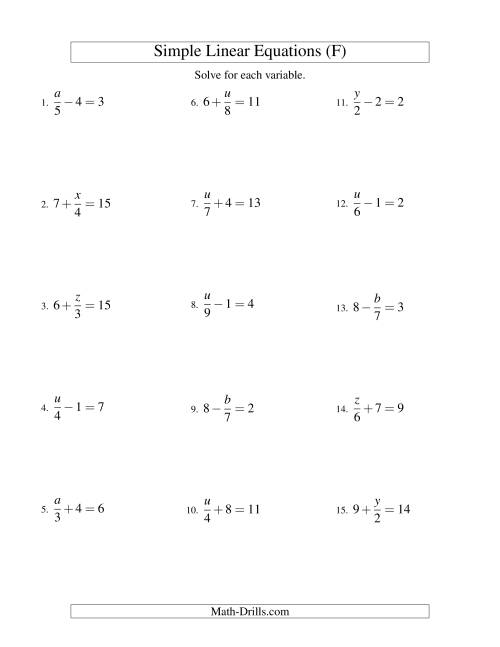 The Solving Linear Equations -- Form x/a ± b = c (F) Math Worksheet