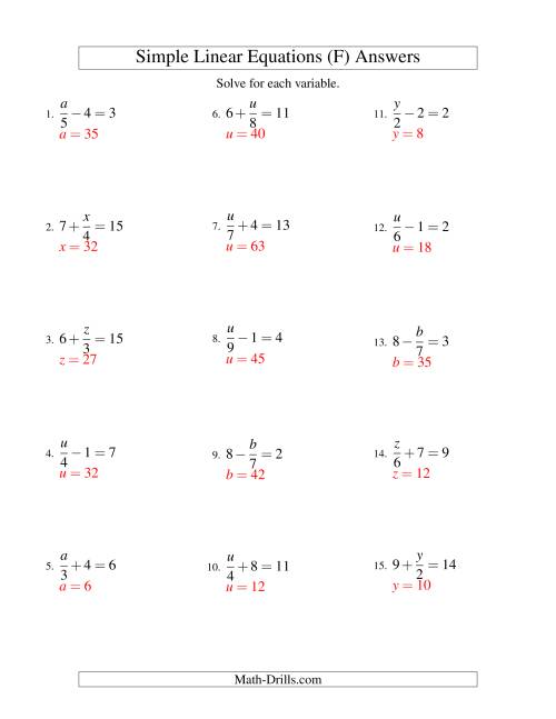 The Solving Linear Equations -- Form x/a ± b = c (F) Math Worksheet Page 2