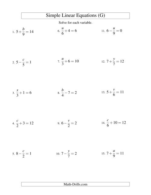 The Solving Linear Equations -- Form x/a ± b = c (G) Math Worksheet