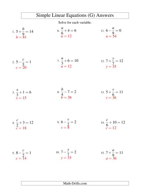 The Solving Linear Equations -- Form x/a ± b = c (G) Math Worksheet Page 2