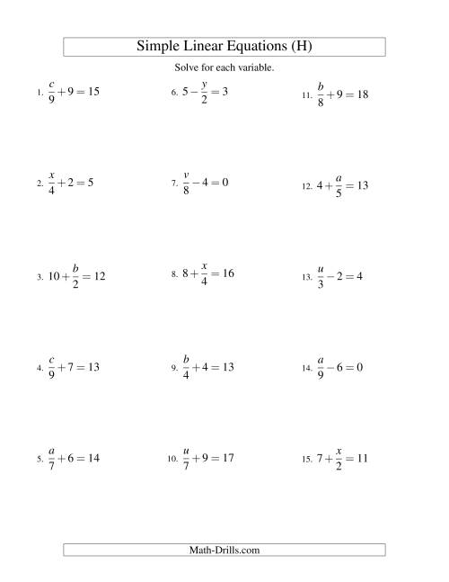 The Solving Linear Equations -- Form x/a ± b = c (H) Math Worksheet
