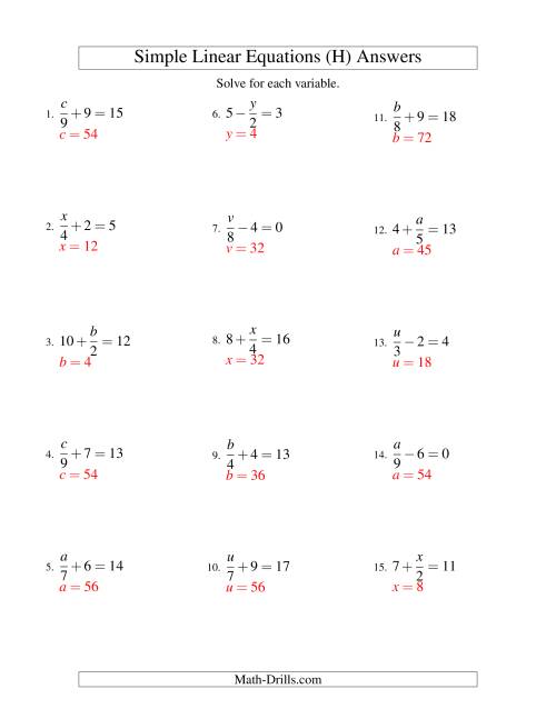 The Solving Linear Equations -- Form x/a ± b = c (H) Math Worksheet Page 2