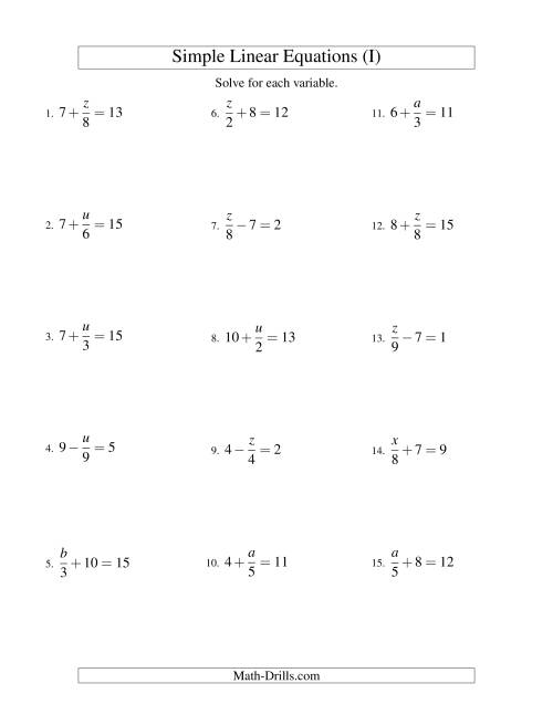 The Solving Linear Equations -- Form x/a ± b = c (I) Math Worksheet