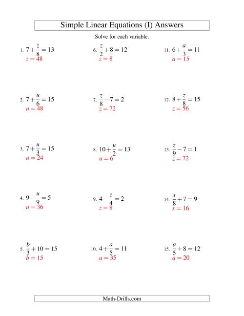 The Solving Linear Equations -- Form x/a ± b = c (I) Math Worksheet Page 2