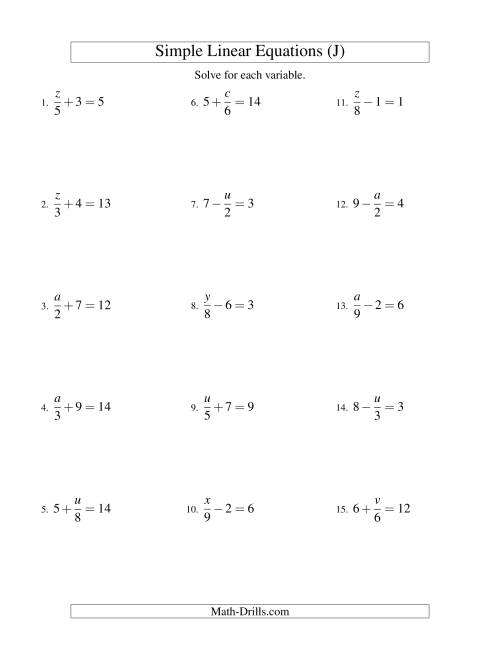 The Solving Linear Equations -- Form x/a ± b = c (J) Math Worksheet