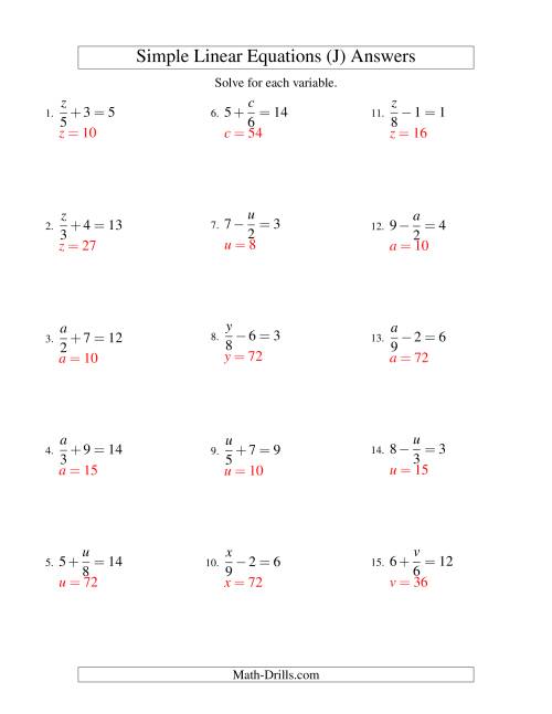 The Solving Linear Equations -- Form x/a ± b = c (J) Math Worksheet Page 2