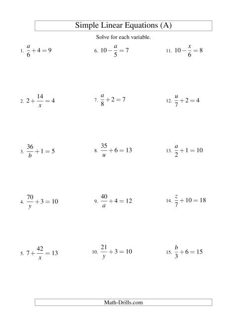 The Solving Linear Equations -- Mixture of Forms x/a ± b = c and a/x ± b = c (A) Math Worksheet