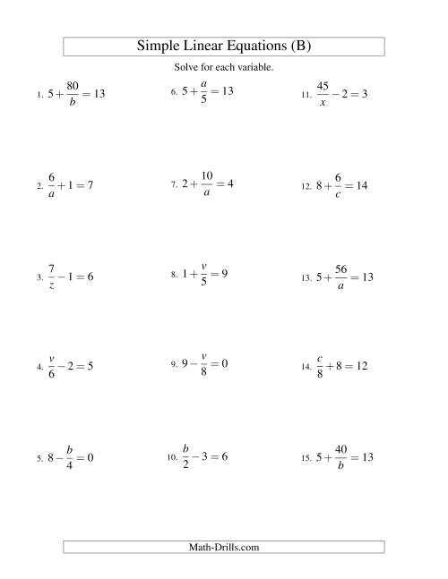 The Solving Linear Equations -- Mixture of Forms x/a ± b = c and a/x ± b = c (B) Math Worksheet