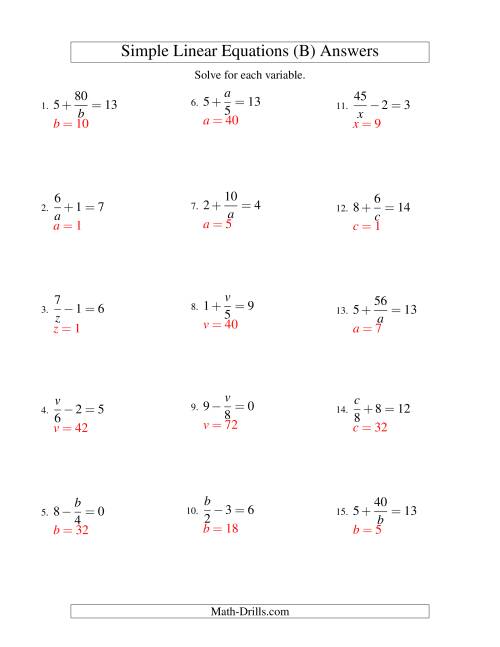 The Solving Linear Equations -- Mixture of Forms x/a ± b = c and a/x ± b = c (B) Math Worksheet Page 2