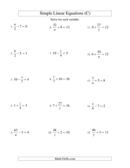 The Solving Linear Equations -- Mixture of Forms x/a ± b = c and a/x ± b = c (C) Math Worksheet