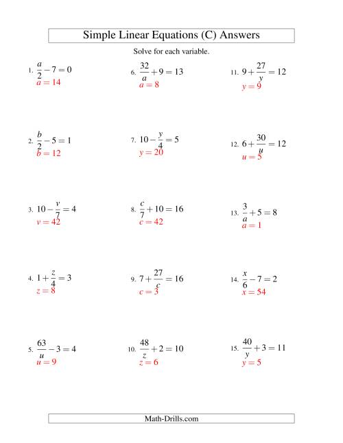 The Solving Linear Equations -- Mixture of Forms x/a ± b = c and a/x ± b = c (C) Math Worksheet Page 2