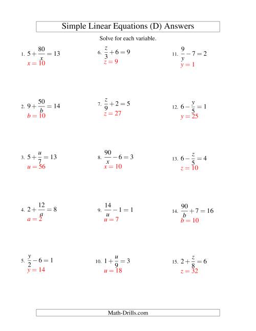 The Solving Linear Equations -- Mixture of Forms x/a ± b = c and a/x ± b = c (D) Math Worksheet Page 2