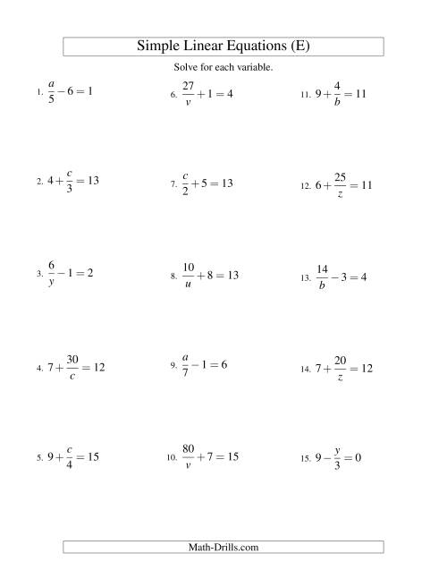 The Solving Linear Equations -- Mixture of Forms x/a ± b = c and a/x ± b = c (E) Math Worksheet