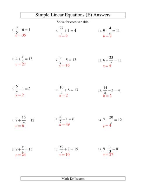 The Solving Linear Equations -- Mixture of Forms x/a ± b = c and a/x ± b = c (E) Math Worksheet Page 2