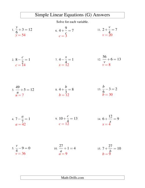The Solving Linear Equations -- Mixture of Forms x/a ± b = c and a/x ± b = c (G) Math Worksheet Page 2