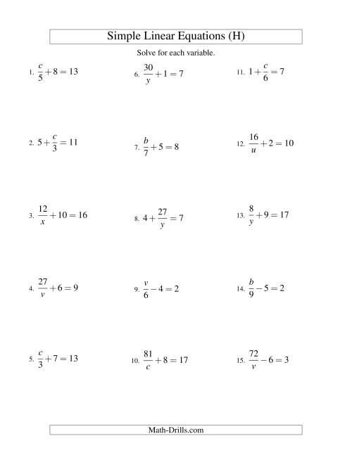 The Solving Linear Equations -- Mixture of Forms x/a ± b = c and a/x ± b = c (H) Math Worksheet