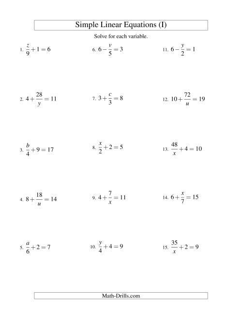 The Solving Linear Equations -- Mixture of Forms x/a ± b = c and a/x ± b = c (I) Math Worksheet