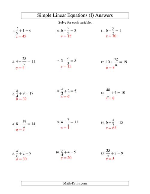 The Solving Linear Equations -- Mixture of Forms x/a ± b = c and a/x ± b = c (I) Math Worksheet Page 2