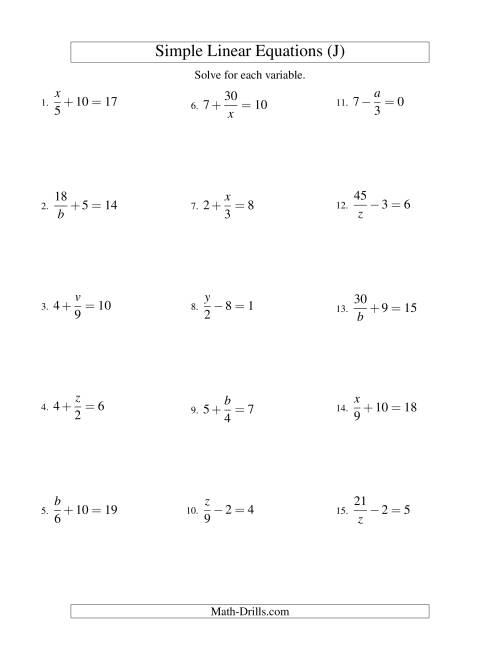 The Solving Linear Equations -- Mixture of Forms x/a ± b = c and a/x ± b = c (J) Math Worksheet
