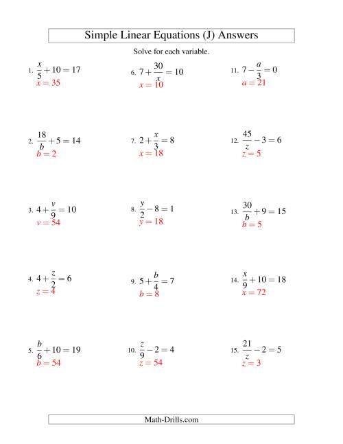 The Solving Linear Equations -- Mixture of Forms x/a ± b = c and a/x ± b = c (J) Math Worksheet Page 2