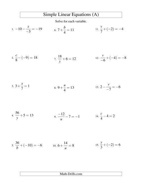 The Solving Linear Equations (Incuding Negative Values) -- Mixture of Forms x/a ± b = c and a/x ± b = c (A) Math Worksheet