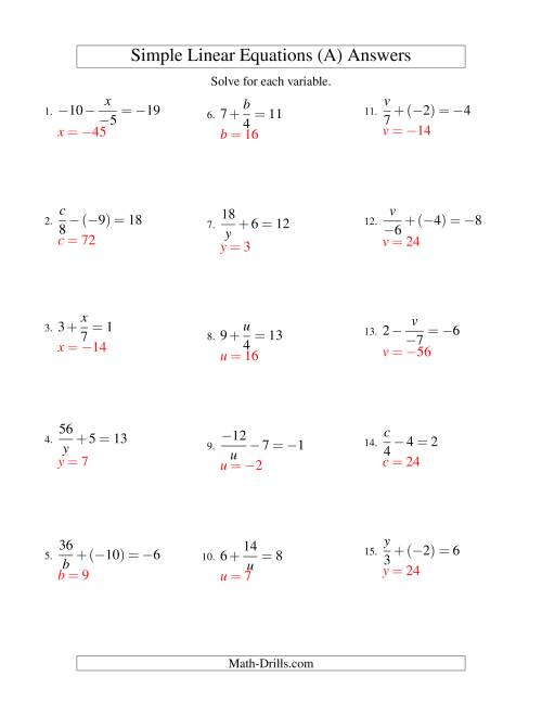 The Solving Linear Equations (Incuding Negative Values) -- Mixture of Forms x/a ± b = c and a/x ± b = c (A) Math Worksheet Page 2