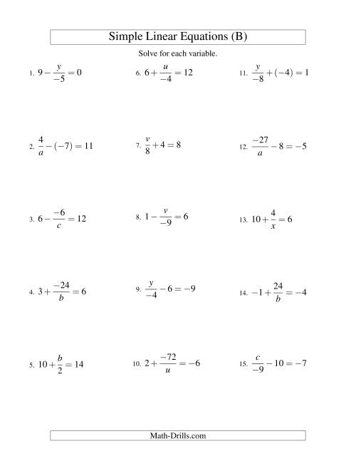 The Solving Linear Equations (Incuding Negative Values) -- Mixture of Forms x/a ± b = c and a/x ± b = c (B) Math Worksheet