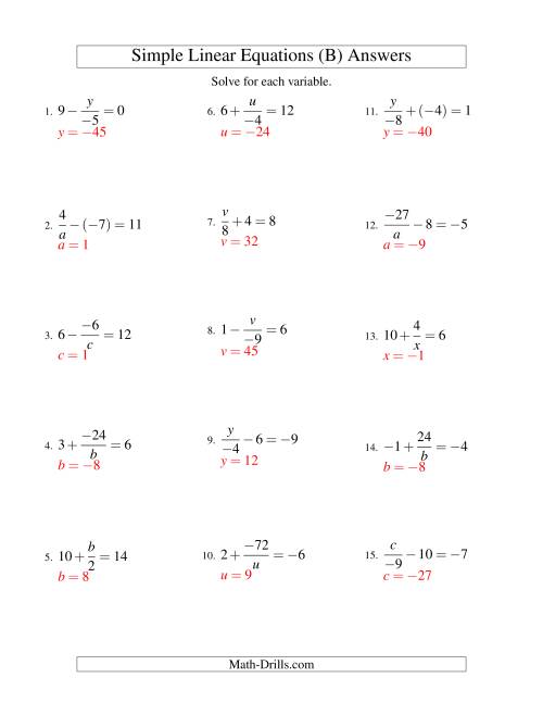 The Solving Linear Equations (Incuding Negative Values) -- Mixture of Forms x/a ± b = c and a/x ± b = c (B) Math Worksheet Page 2