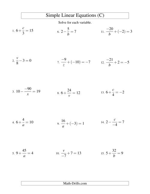 The Solving Linear Equations (Incuding Negative Values) -- Mixture of Forms x/a ± b = c and a/x ± b = c (C) Math Worksheet