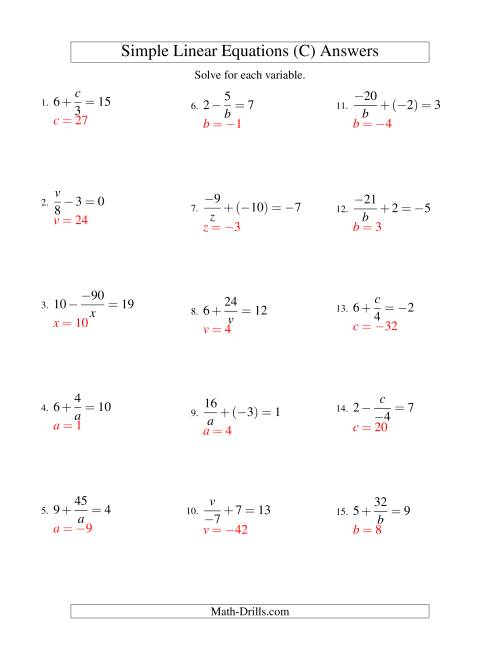The Solving Linear Equations (Incuding Negative Values) -- Mixture of Forms x/a ± b = c and a/x ± b = c (C) Math Worksheet Page 2