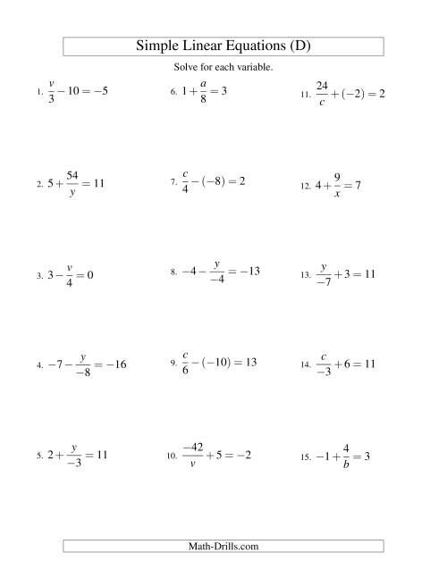 The Solving Linear Equations (Incuding Negative Values) -- Mixture of Forms x/a ± b = c and a/x ± b = c (D) Math Worksheet
