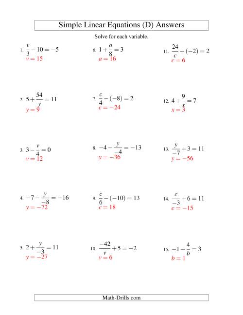 The Solving Linear Equations (Incuding Negative Values) -- Mixture of Forms x/a ± b = c and a/x ± b = c (D) Math Worksheet Page 2