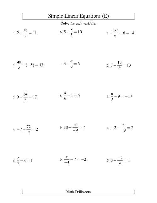 The Solving Linear Equations (Incuding Negative Values) -- Mixture of Forms x/a ± b = c and a/x ± b = c (E) Math Worksheet