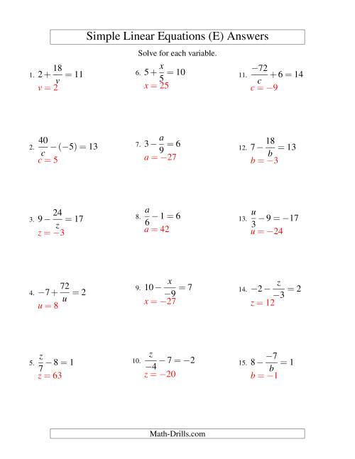 The Solving Linear Equations (Incuding Negative Values) -- Mixture of Forms x/a ± b = c and a/x ± b = c (E) Math Worksheet Page 2