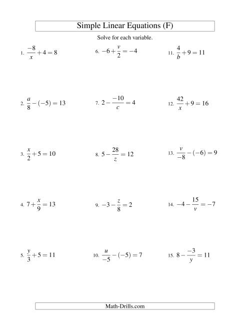 The Solving Linear Equations (Incuding Negative Values) -- Mixture of Forms x/a ± b = c and a/x ± b = c (F) Math Worksheet