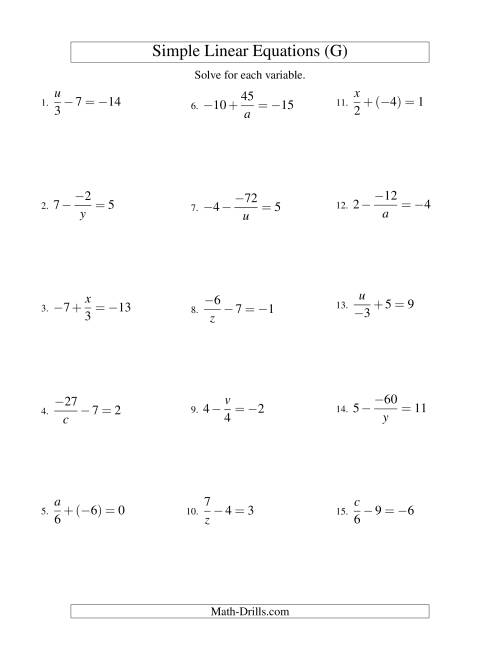 The Solving Linear Equations (Incuding Negative Values) -- Mixture of Forms x/a ± b = c and a/x ± b = c (G) Math Worksheet