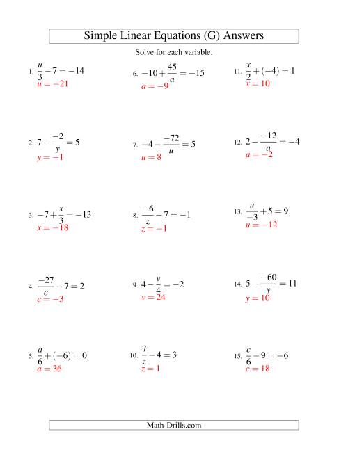 The Solving Linear Equations (Incuding Negative Values) -- Mixture of Forms x/a ± b = c and a/x ± b = c (G) Math Worksheet Page 2