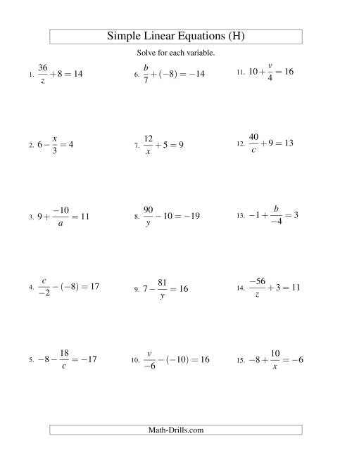 The Solving Linear Equations (Incuding Negative Values) -- Mixture of Forms x/a ± b = c and a/x ± b = c (H) Math Worksheet