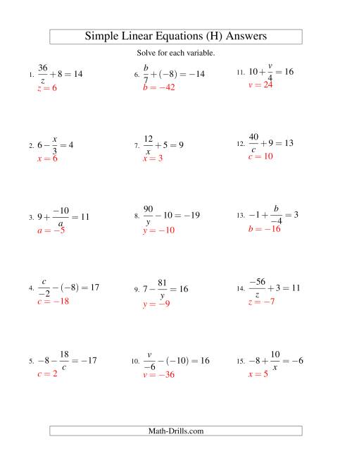 The Solving Linear Equations (Incuding Negative Values) -- Mixture of Forms x/a ± b = c and a/x ± b = c (H) Math Worksheet Page 2
