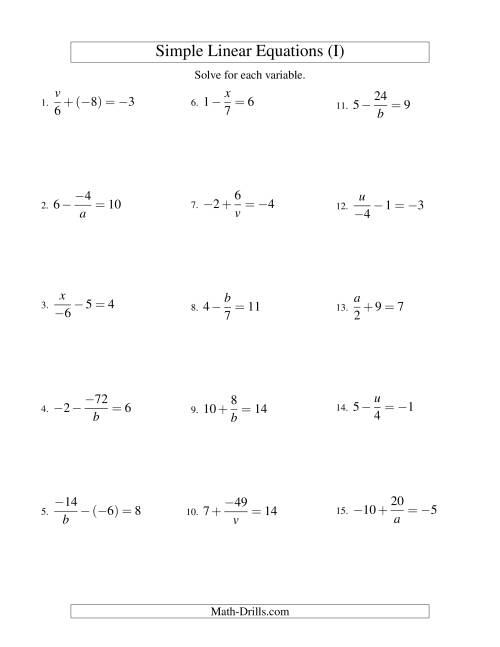 The Solving Linear Equations (Incuding Negative Values) -- Mixture of Forms x/a ± b = c and a/x ± b = c (I) Math Worksheet