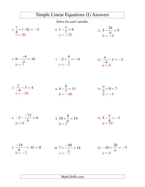 The Solving Linear Equations (Incuding Negative Values) -- Mixture of Forms x/a ± b = c and a/x ± b = c (I) Math Worksheet Page 2