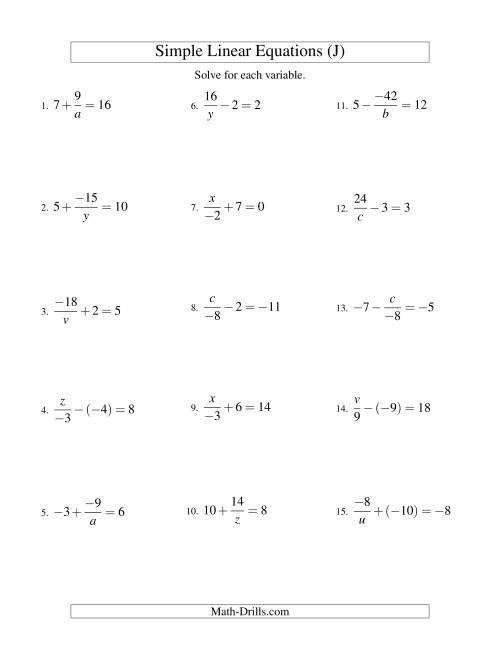 The Solving Linear Equations (Incuding Negative Values) -- Mixture of Forms x/a ± b = c and a/x ± b = c (J) Math Worksheet