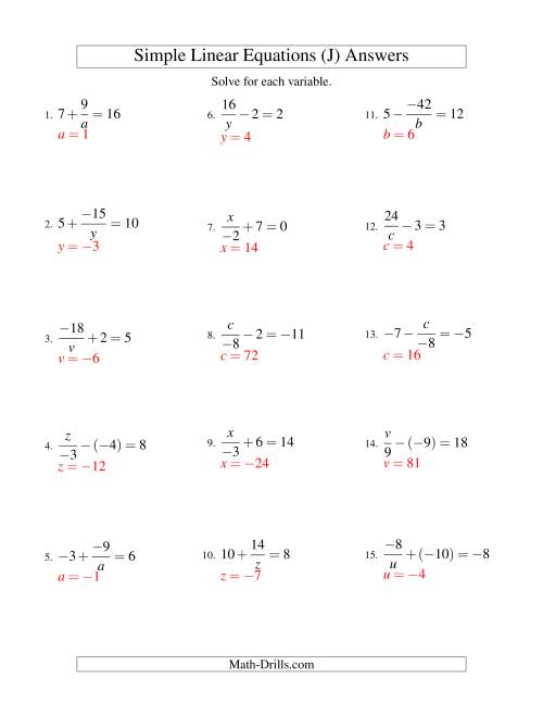 The Solving Linear Equations (Incuding Negative Values) -- Mixture of Forms x/a ± b = c and a/x ± b = c (J) Math Worksheet Page 2