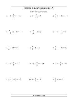 Solving Linear Equations (Including Negative Values) -- Form x/a ± b = c