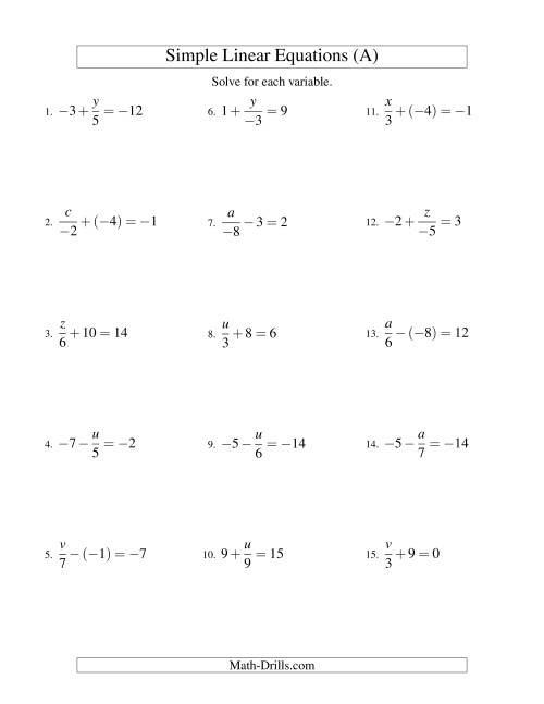 The Solving Linear Equations (Including Negative Values) -- Form x/a ± b = c (A) Math Worksheet